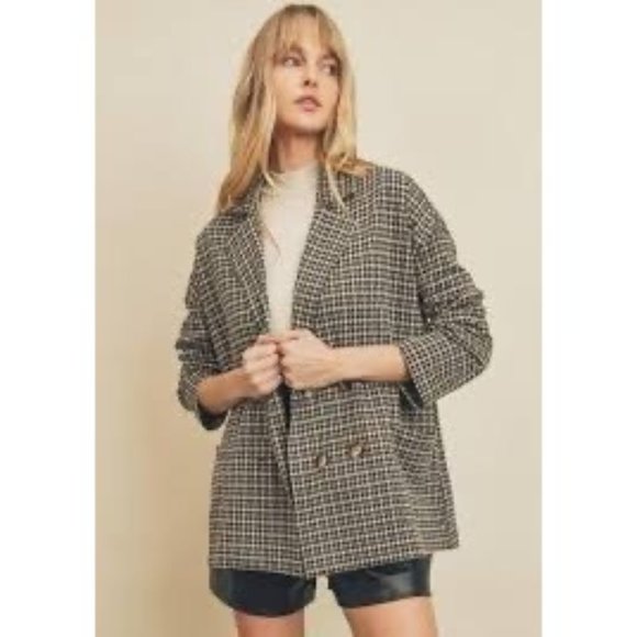 Dress Forum Jacket Women Small Black Tan Houndstooth Button Double Breasted - Picture 1 of 6
